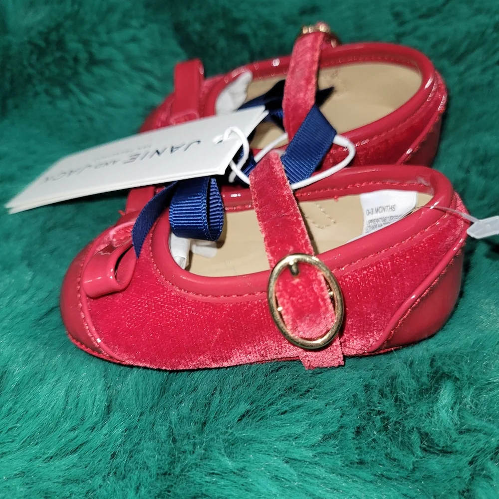 đď¸ Janie and Jack Presenting Holiday Red Patent Velour Bow Dress Shoes 0-3 Baby - Picture 5 of 6